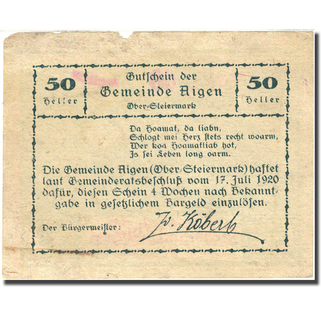 Banknote, Austria, Aigen, 50 Heller, montagne1920-07-17 orange F(12-15)
