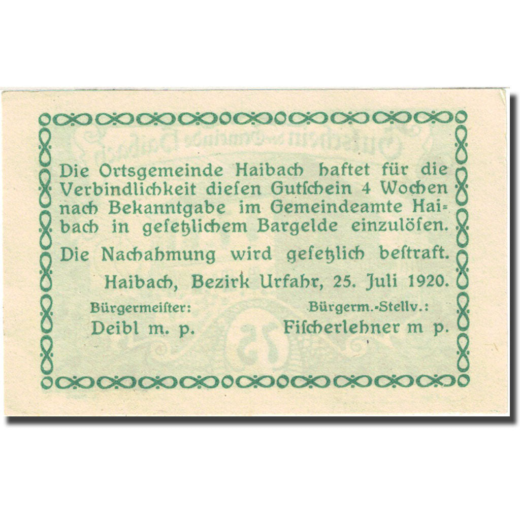 Banknote, Austria, Haibach, 75 Heller, Batiment 1920-07-25 green UNC(63)