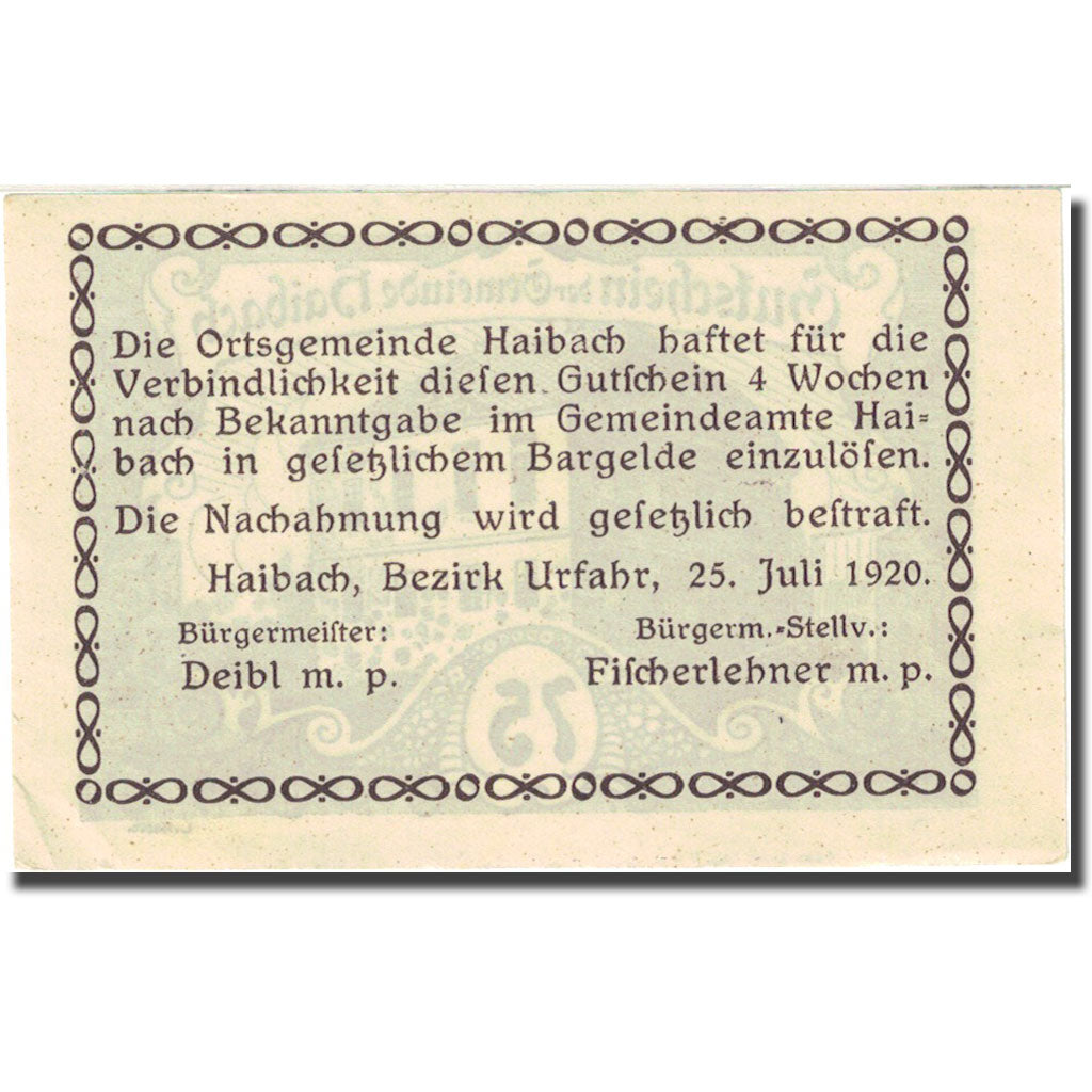 Banknote, Austria, Haibach, 75 Heller, Batiment 1920-07-25 brown AU(55-58)