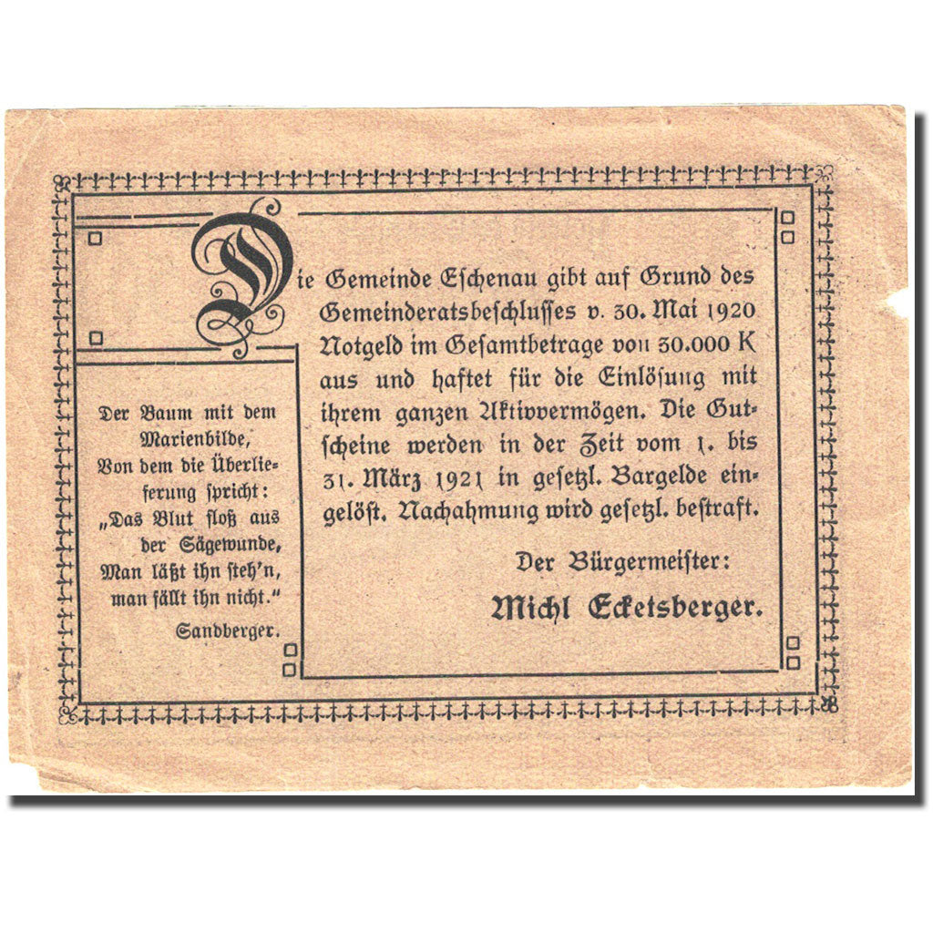 Banknote, Austria, Eschenau, 50 Heller, village, 1921, 1921-03-31, VF(20-25)