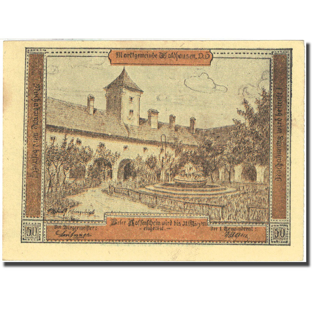 Banknote, Austria, Waldhausen, 50 Heller, Abbaye, 1921, 1921-03-31, AU(55-58)