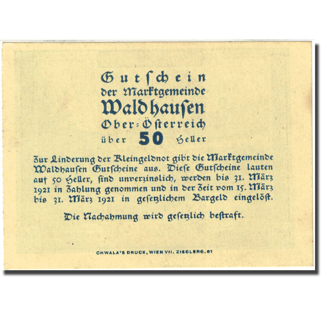 Banknote, Austria, Waldhausen, 50 Heller, Abbaye, 1921, 1921-03-31, AU(55-58)