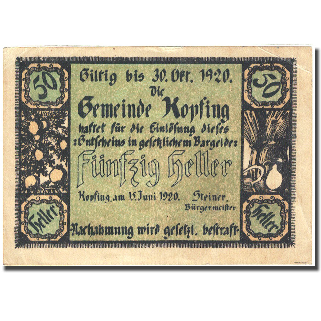 Banknote, Austria, Kopfing, 50 Heller, valeur faciale, 1920, 1920-10-30