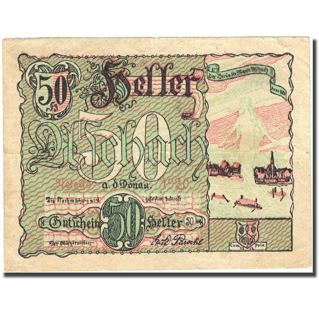 Banknote, Austria, Aschach an der Donau, 50 Heller, valeur faciale, 1920