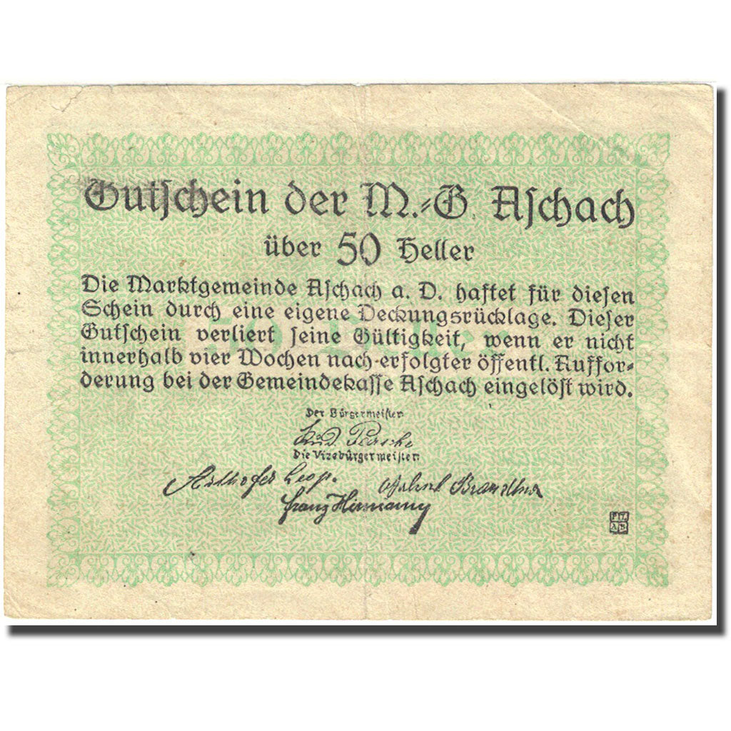 Banknote, Austria, Aschach an der Donau, 50 Heller, valeur faciale, 1920