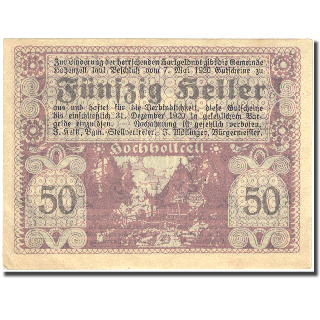 Banknote, Austria, Hohenzell, 50 Heller, Foret, 1920, 1920-12-31, UNC(60-62)