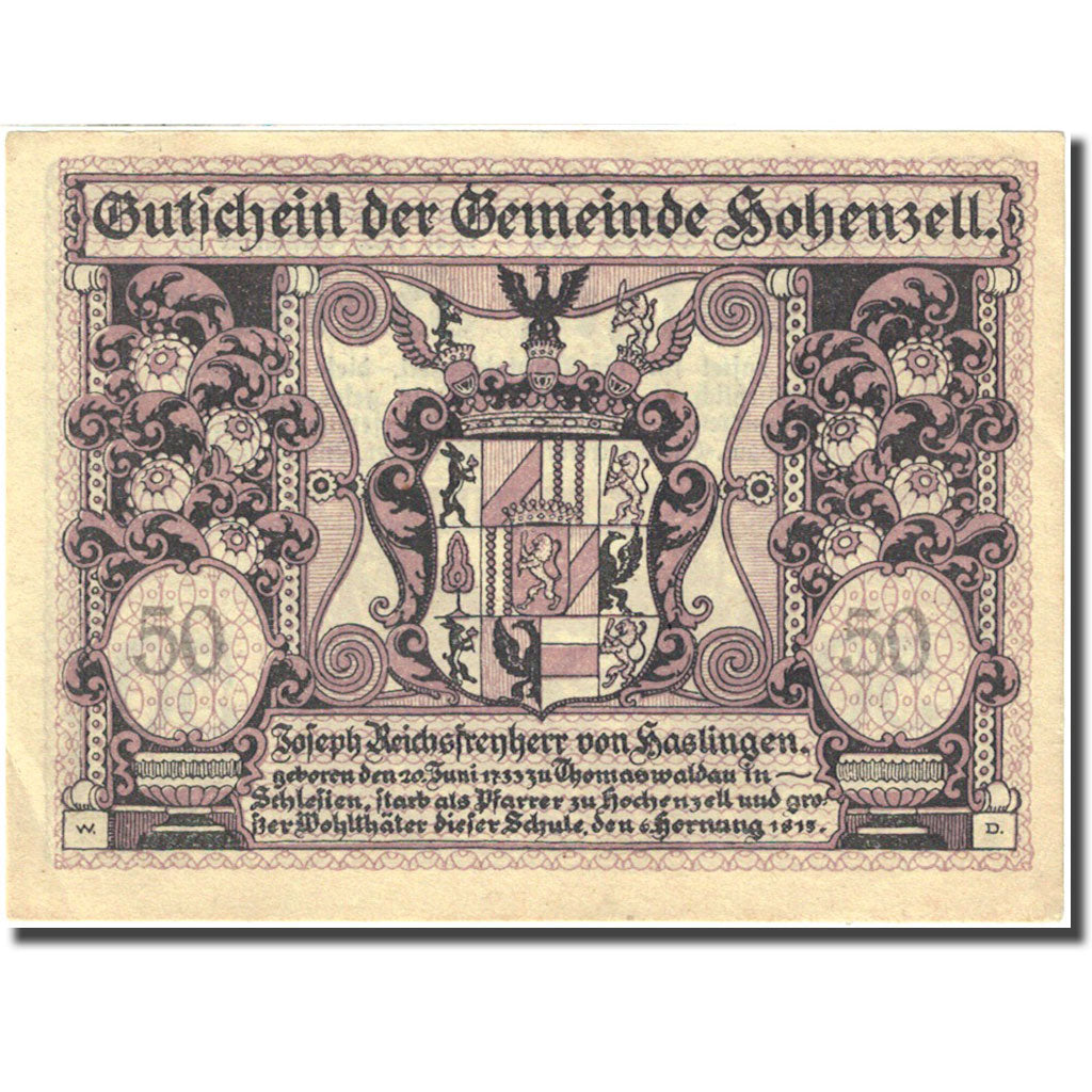 Banknote, Austria, Hohenzell, 50 Heller, Foret, 1920, 1920-12-31, UNC(60-62)