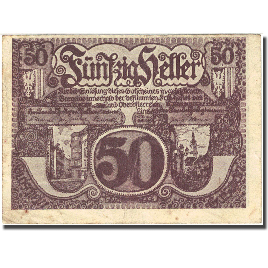 Banknote, Austria, Linz, 50 Heller, Blason, 1920, 1920-12-31, VF(20-25)