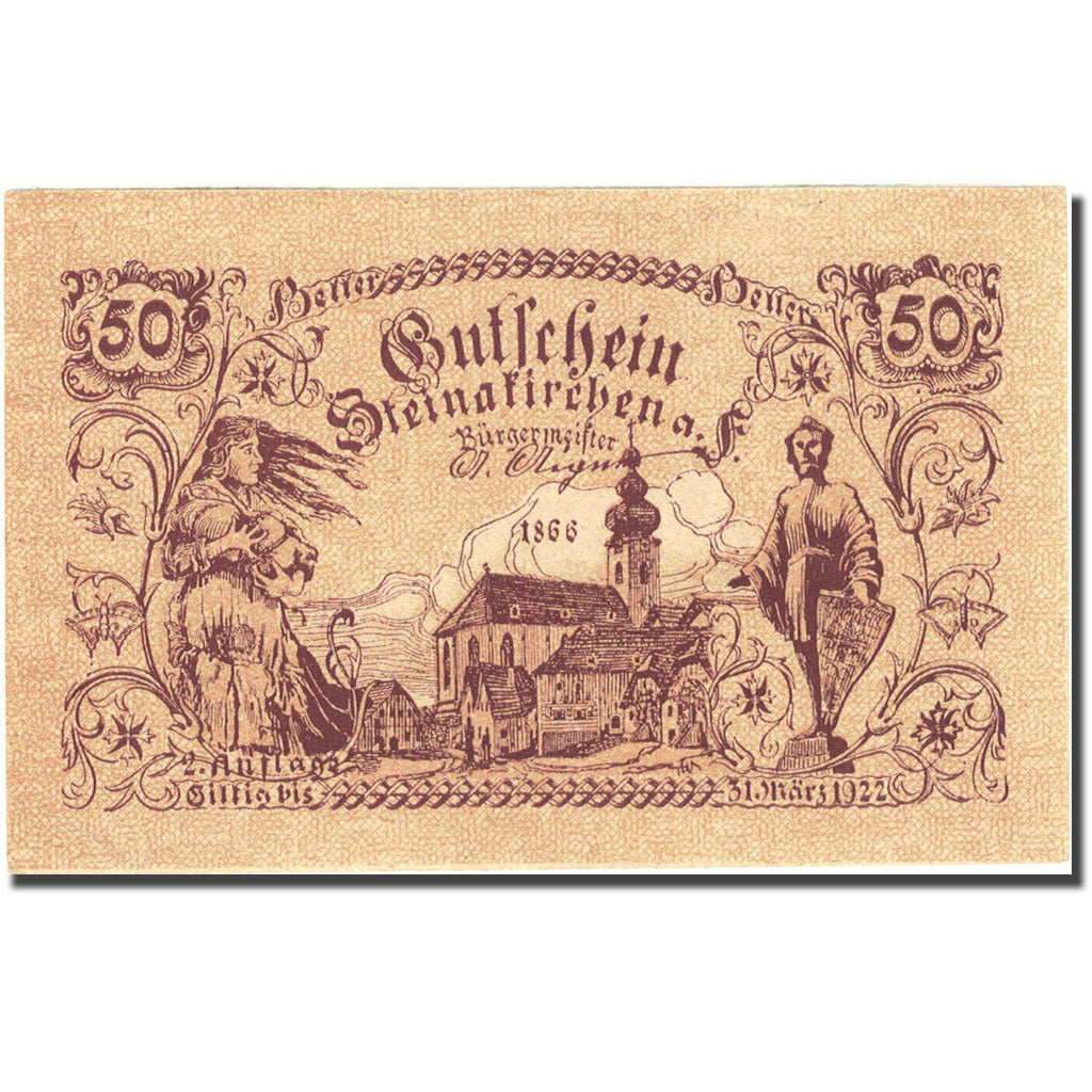 Banknote, Austria, Steinakirchen am Forst, 50 Heller, village, 1922, 1922-03-31