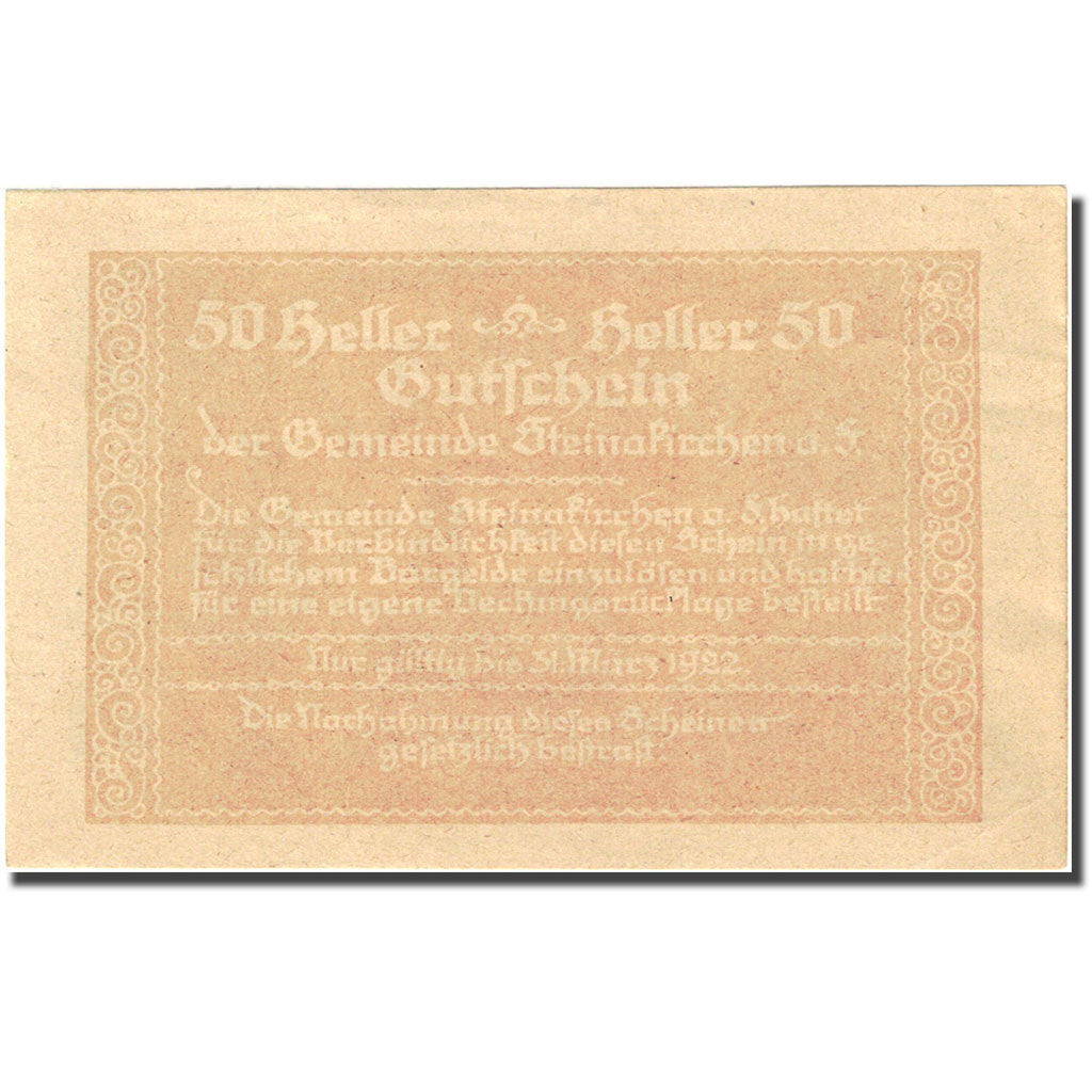 Banknote, Austria, Steinakirchen am Forst, 50 Heller, village, 1922, 1922-03-31