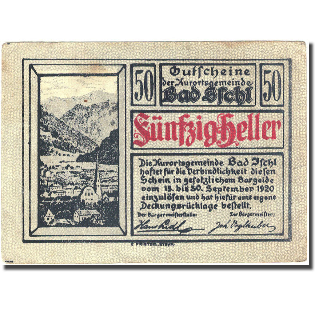 Banknote, Austria, Bad Ischl, 50 Heller, montagne, 1920, 1920-09-30, VF(20-25)