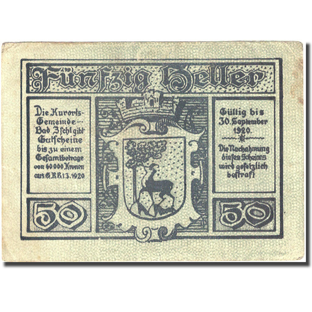 Banknote, Austria, Bad Ischl, 50 Heller, montagne, 1920, 1920-09-30, VF(20-25)