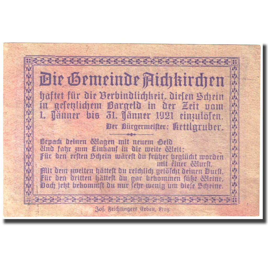 Banknote, Austria, Aichkirchen, 50 Heller, Eglise, 1921, 1921-01-31, EF(40-45)