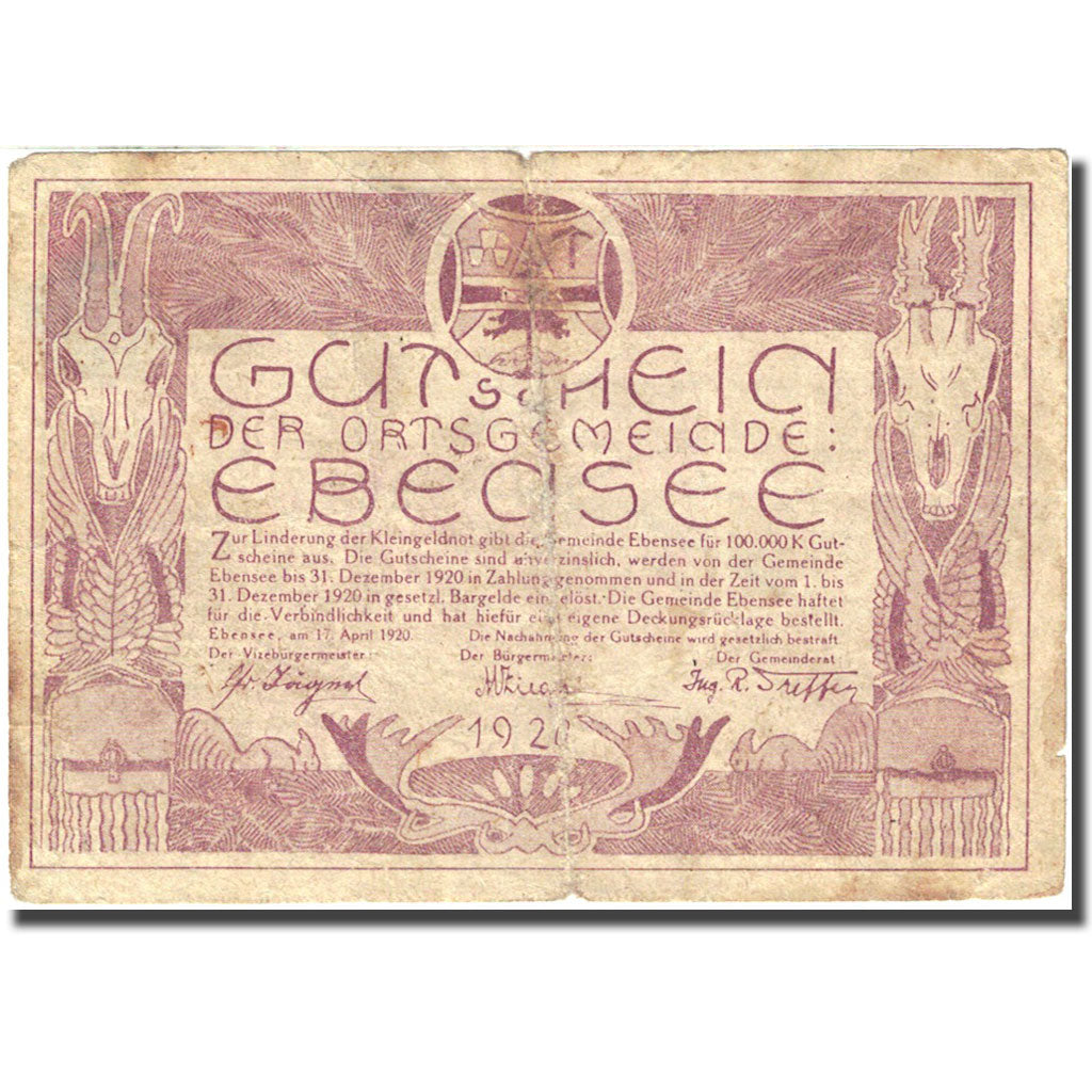 Banknote, Austria, Ebensee, 20 Heller, bateau, 1920, 1920-12-31, F(12-15)