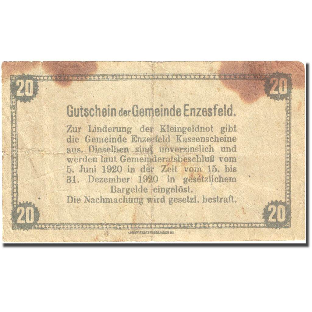 Banknote, Austria, Enzesfeld, 20 Heller, Usine, 1920, 1920-12-31, VF(20-25)
