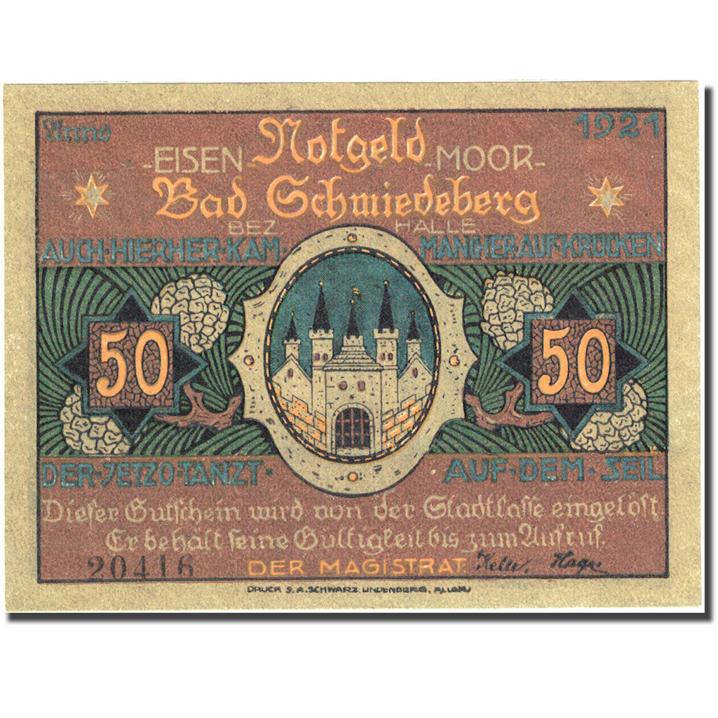 Banknote, Germany, Schmiedeberg, 50 Pfennig, château, 1921, Undated (1921)