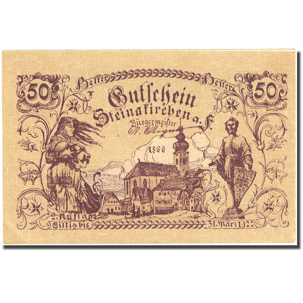 Banknote, Austria, Steinakirchen am Forst, 50 Heller, personnage, 1922