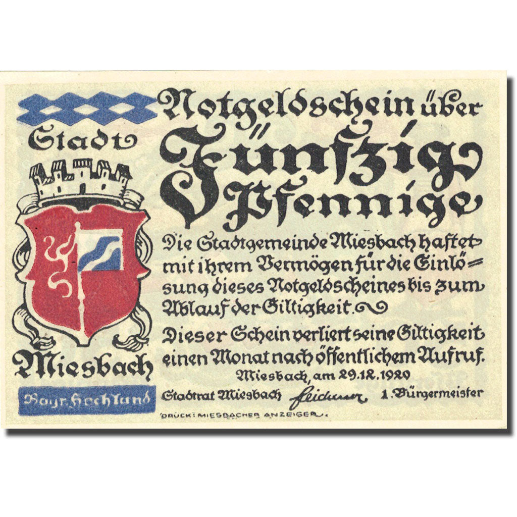 Banknote, Germany, Miesbach, 50 Pfennig, Blason 1920-12-29 UNC(63) Mehl 888.1