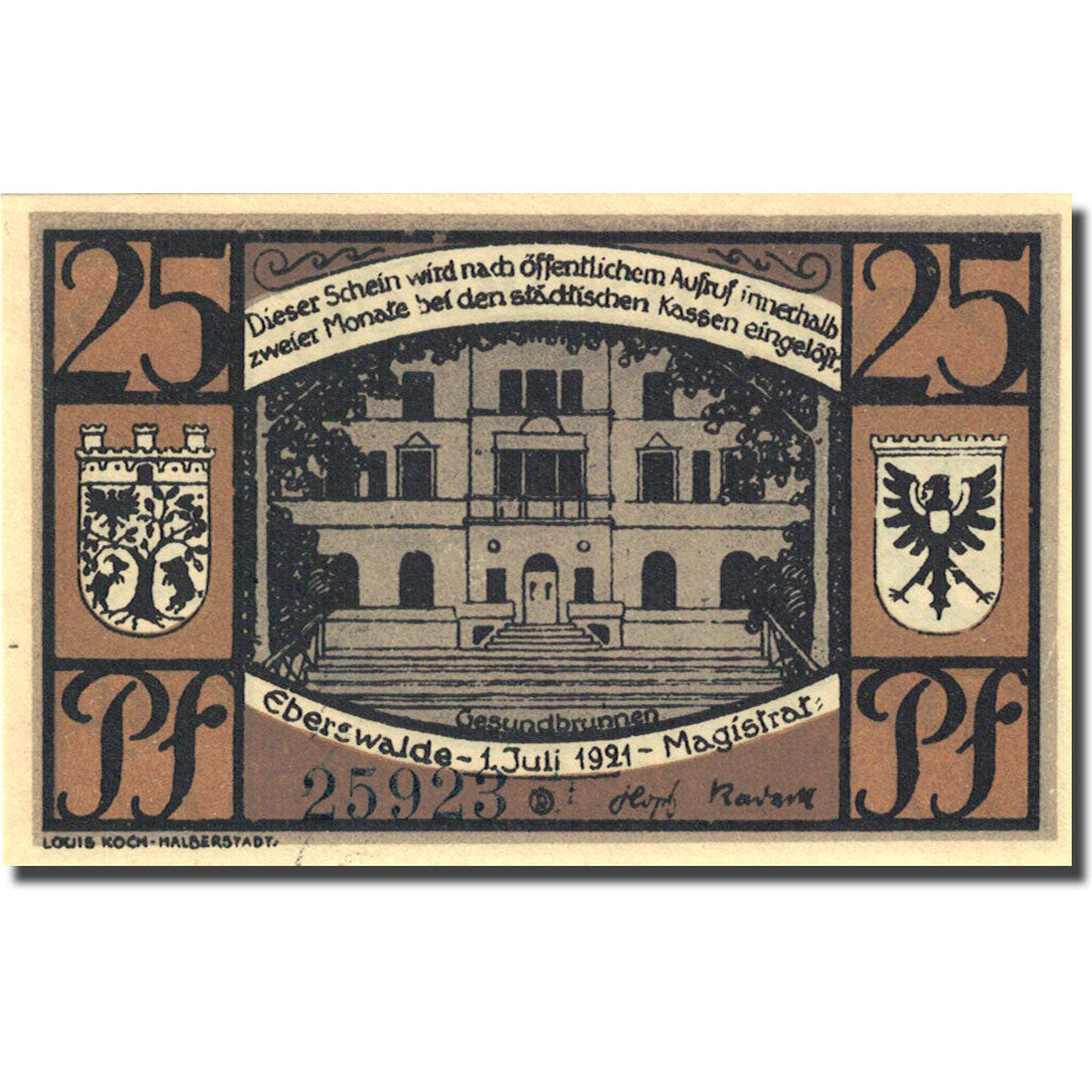 Banknote, Germany, Eberswalde 25 Pfennig Monument 1921-07-01 UNC(63) Mehl 303.1b