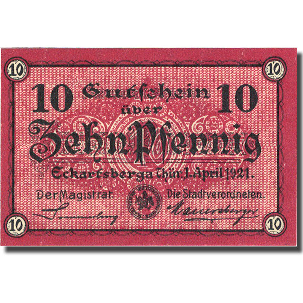 Banknote, Germany, Eckartsberga, 10 Pfennig château 1921-04-01 SPL Mehl 305.1