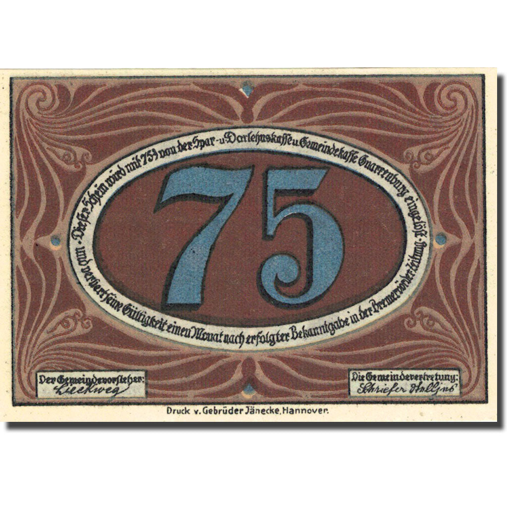 Banconote, Germania, Gnarrenburg, 75 Pfennig, Usine, 1921, SPL, Mehl:443.1