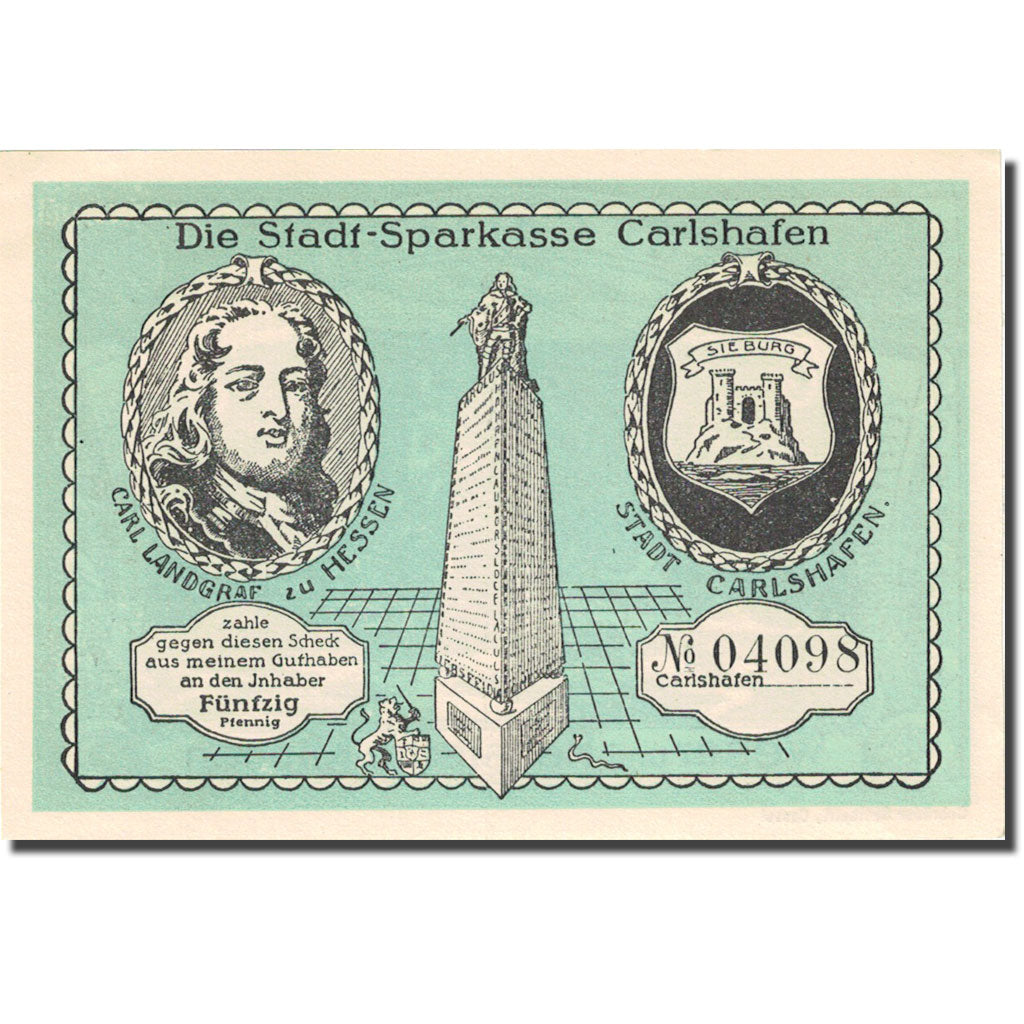 Banknote, Germany, Carlshafen, 50 Pfennig, château, 1922, UNC(63), Mehl:222.1a