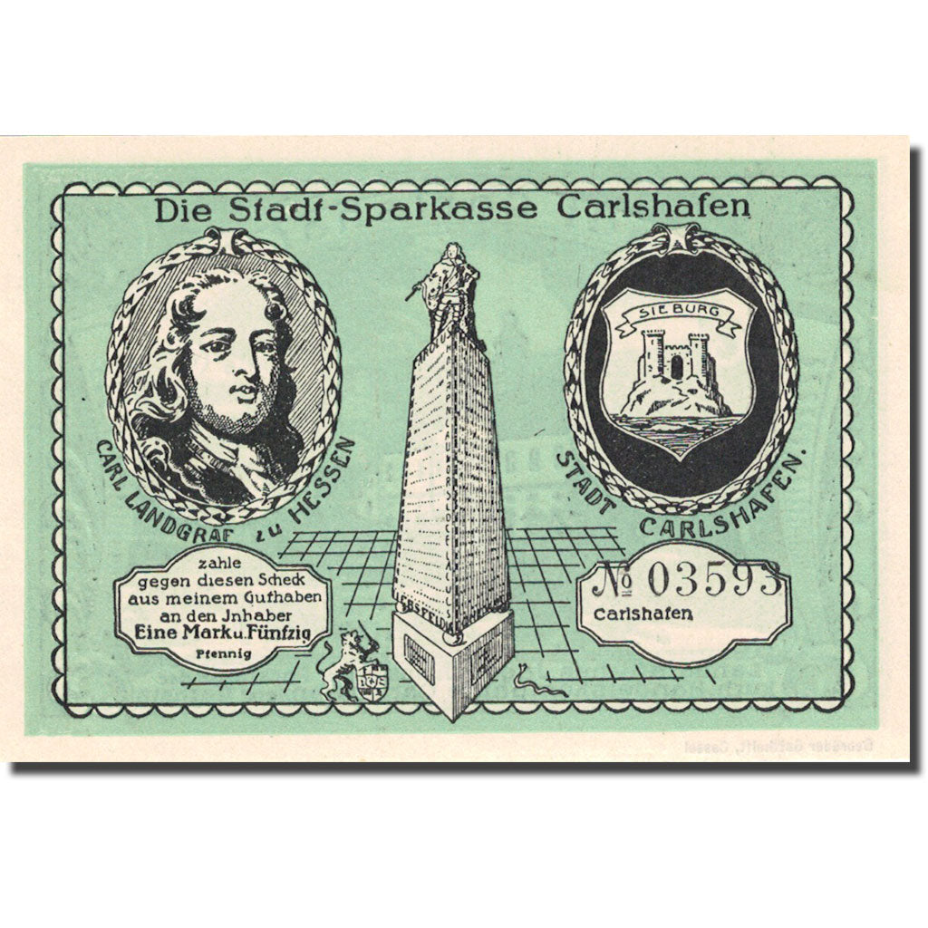 Banknote, Germany, Carlshafen, 1 Mark, château, 1922, UNC(63), Mehl:222.1a