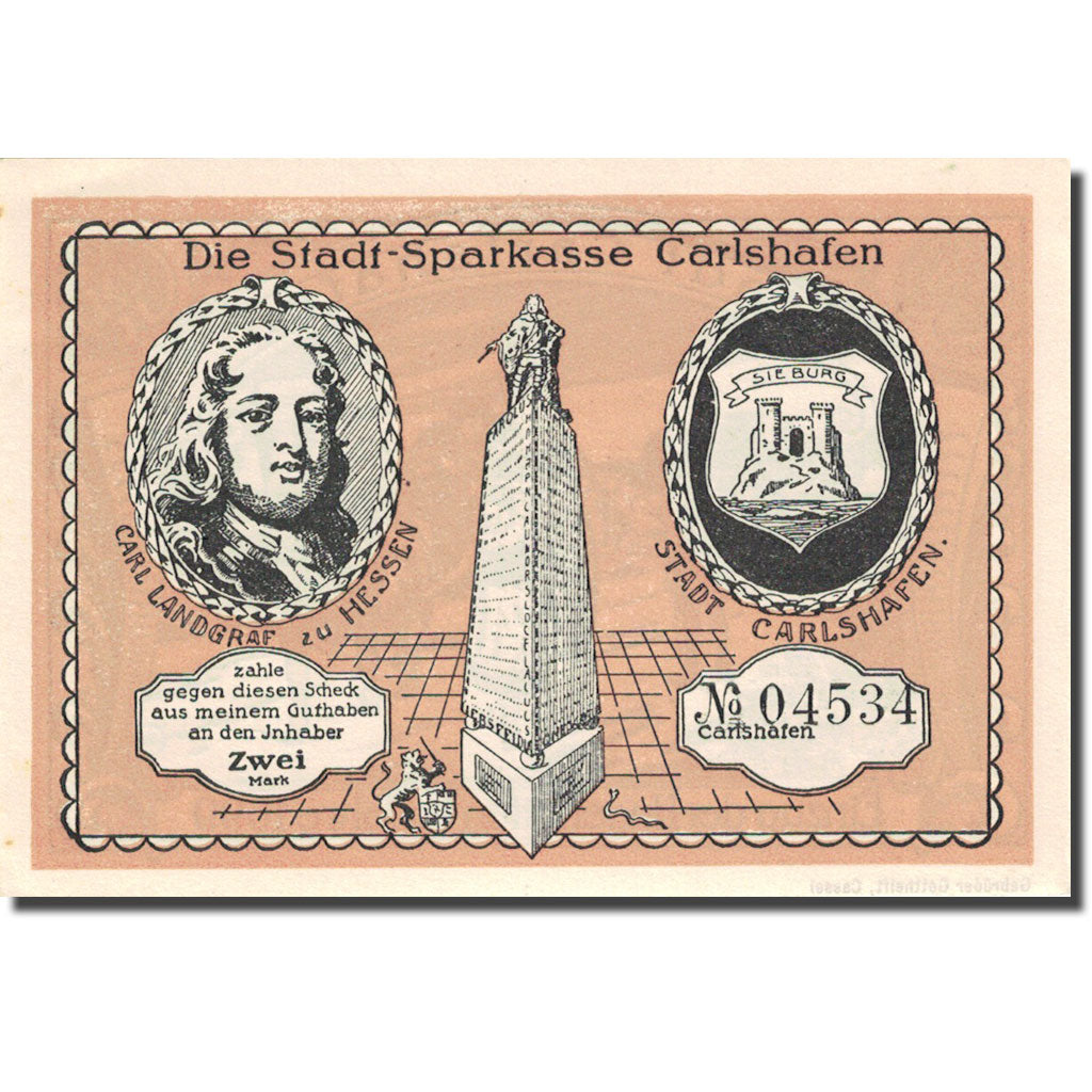 Banknote, Germany, Carlshafen, 2 Mark, château, 1922, UNC(63), Mehl:222.1a