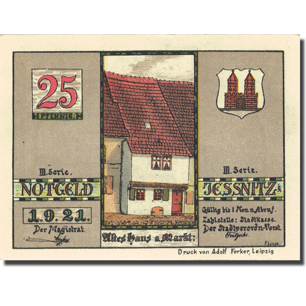 Billet, Allemagne, Jessnitz, 25 Pfennig, Usine 1921-09-01, SPL Mehl 659.4