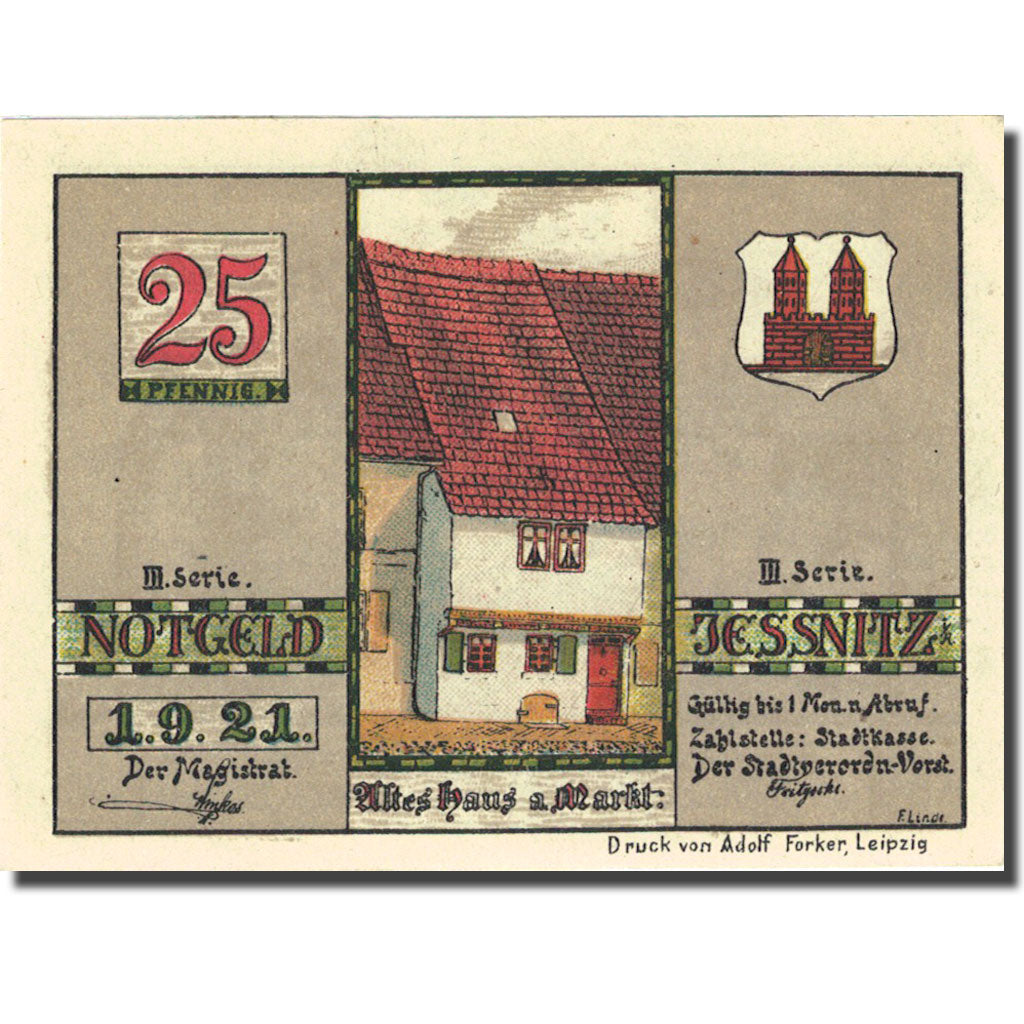 Billet, Allemagne, Jessnitz, 25 Pfennig, personnage 1921-09-01 SPL Mehl 659.4