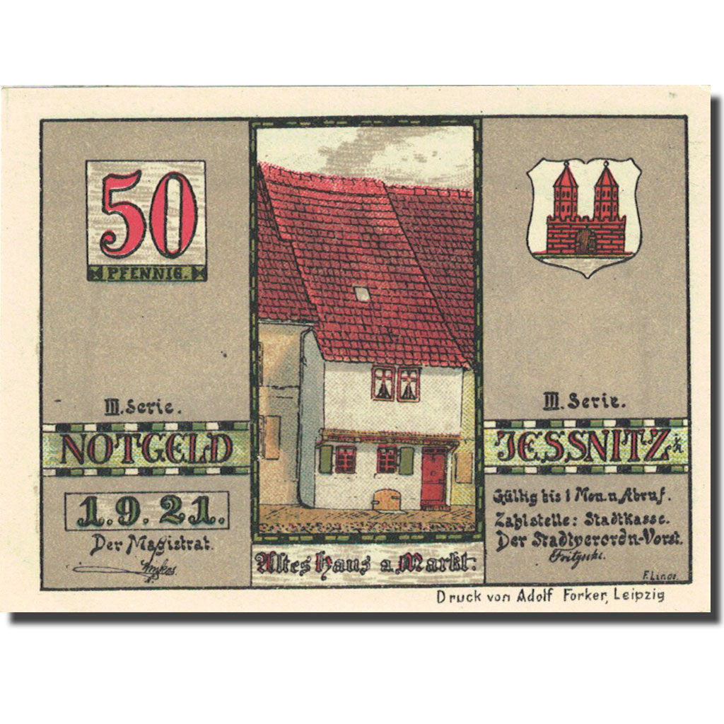 Billet, Allemagne, Jessnitz, 50 Pfennig, Eglise 1921-09-01 SPL Mehl 659.4