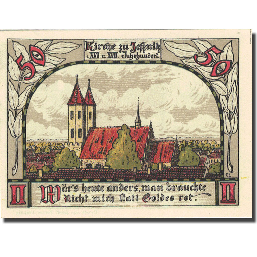 Billet, Allemagne, Jessnitz, 50 Pfennig, Eglise 1921-09-01 SPL Mehl 659.4