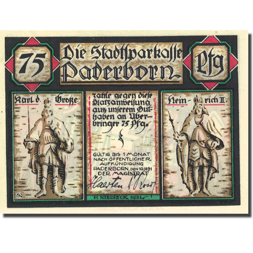 Banconote, Germania, Paderborn, 75 Pfennig, personnage1921-11-10 SPL Mehl 1043.2