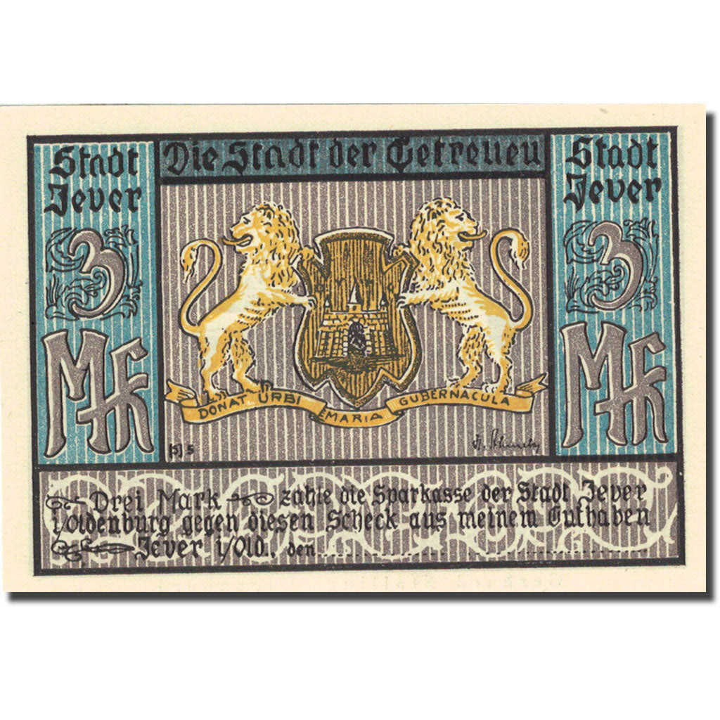 Banknote, Germany, Jever, 3 Mark, Blason, 1922, UNC(63), Mehl:661A.1