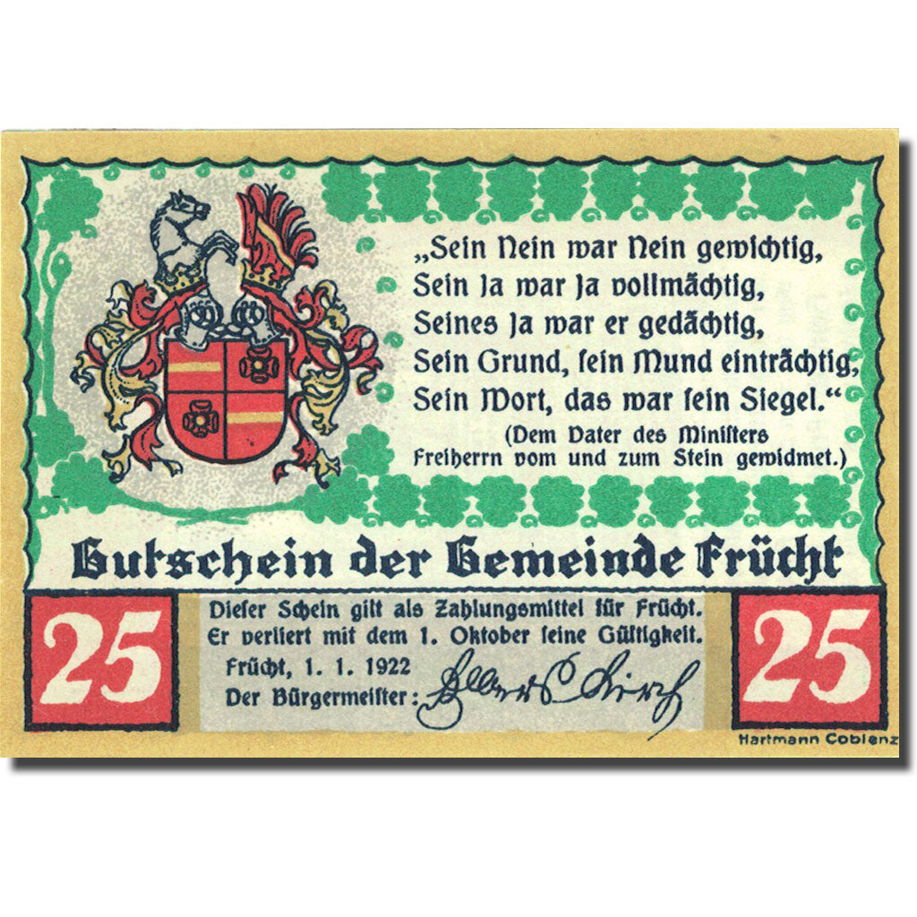 Geldschein, Deutschland, Frücht, 25 Pfennig, Blason 1922-01-01 UNZ- Mehl 399.1