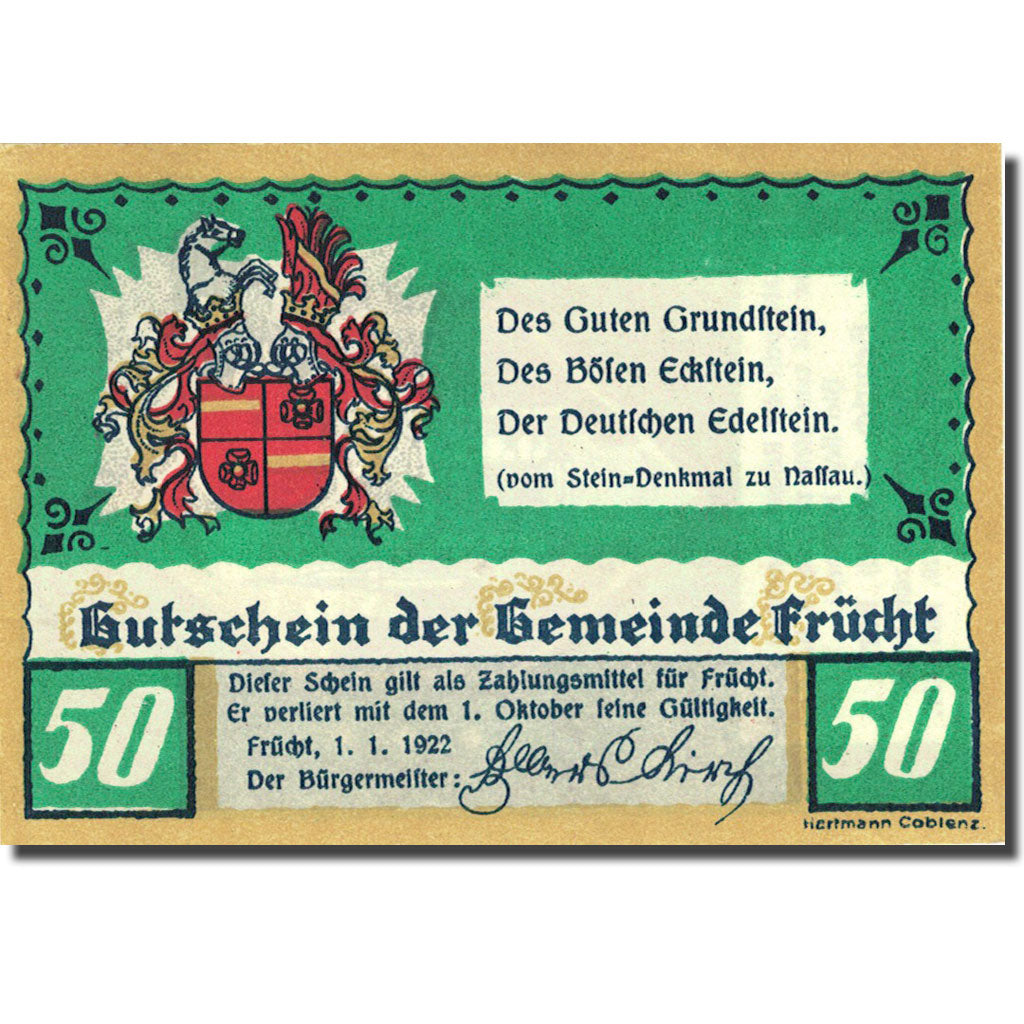 Banconote, Germania, Frücht, 50 Pfennig, Blason 1922-01-01, SPL Mehl 399.1