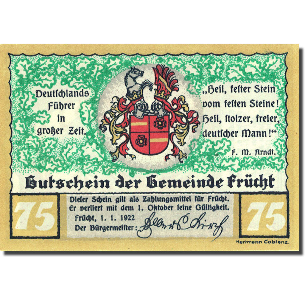 Billet, Allemagne, Frücht, 75 Pfennig, Blason 1922-01-01, SPL Mehl 399.1