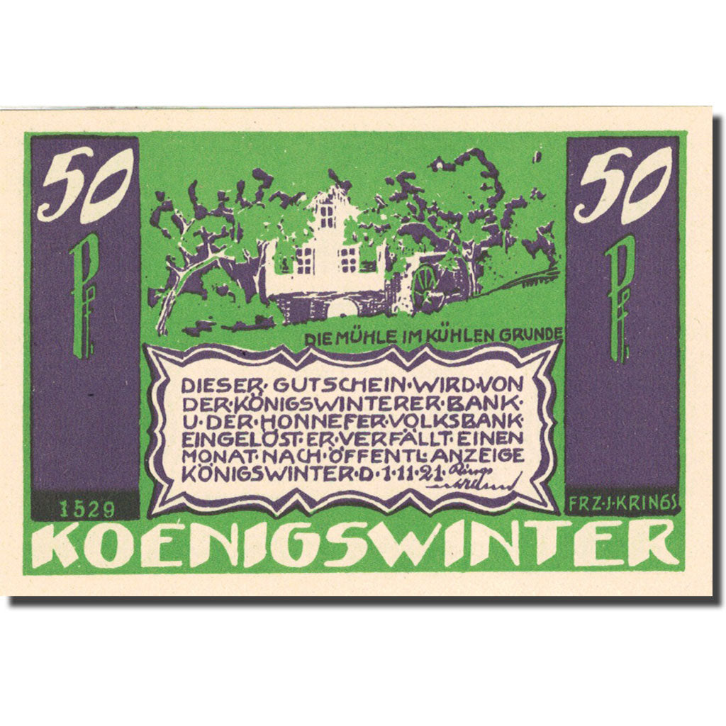 Banknote, Germany, Koenigswinter, 50 Pfennig, moulin à eau, 1921 SPL Mehl 730.4a