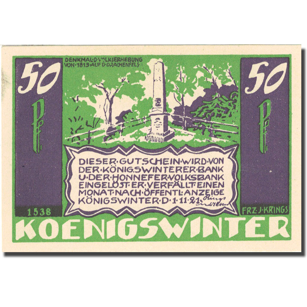 Banknote, Germany, Koenigswinter, 50 Pfennig Monument 1921 SPL Mehl 730.4a