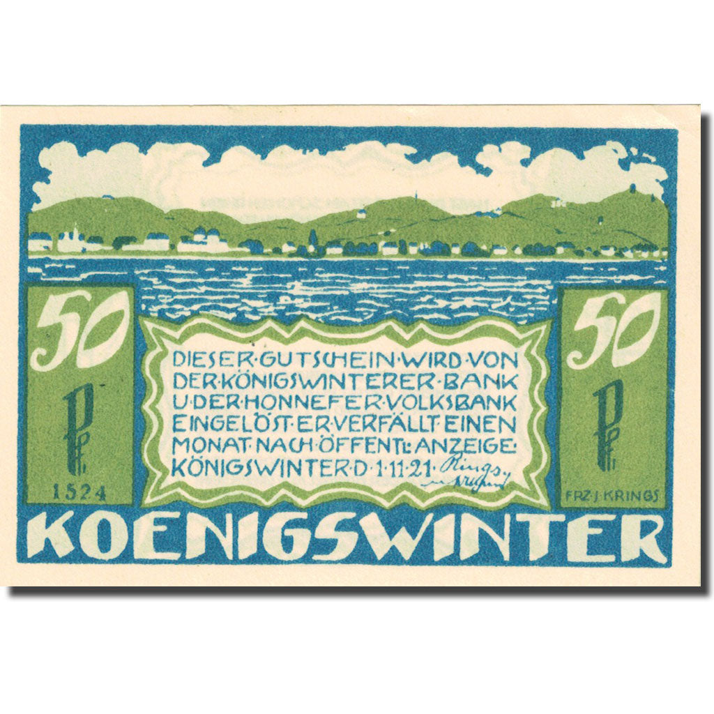 Banknote, Germany, Koenigswinter, 50 Pfennig, paysage 1921 SPL Mehl 730.3b