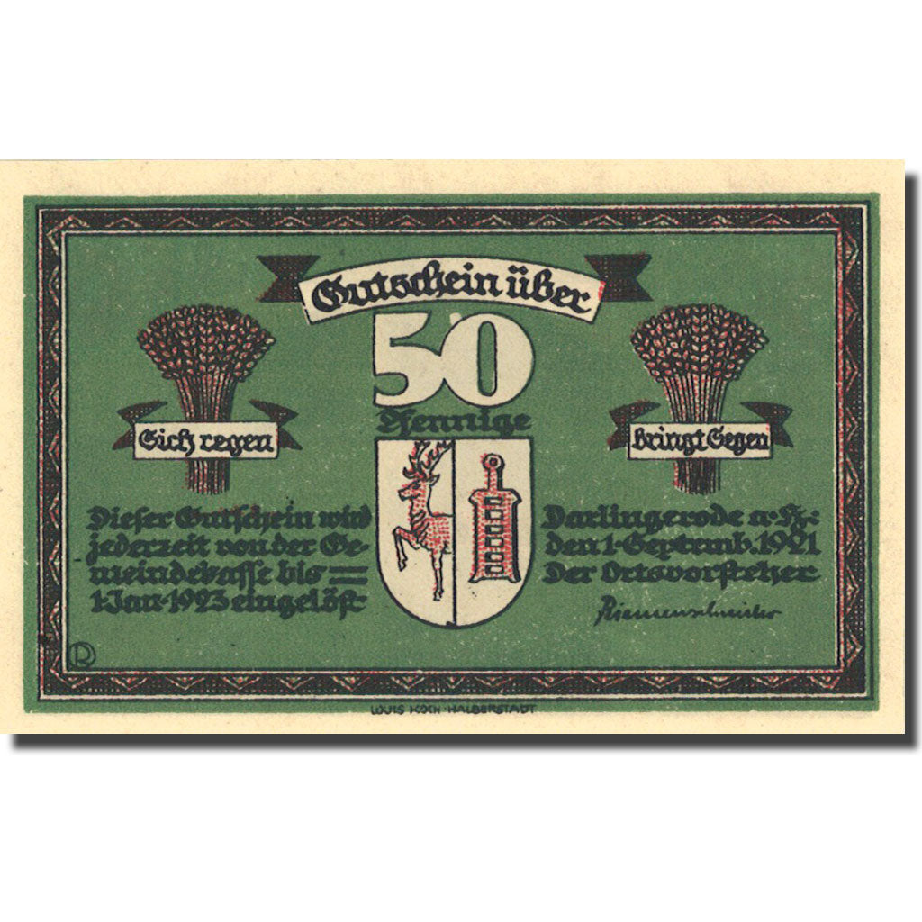 Banknote, Germany, Darlingeröde 50 Pfennig, Blason 1923-01-01 UNC(63) Mehl 258.1