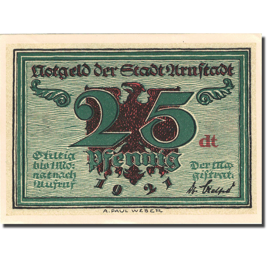 Banknote, Germany, Arnstadt, 25 Pfennig, Monument, 1921, UNC(63), Mehl:43.2