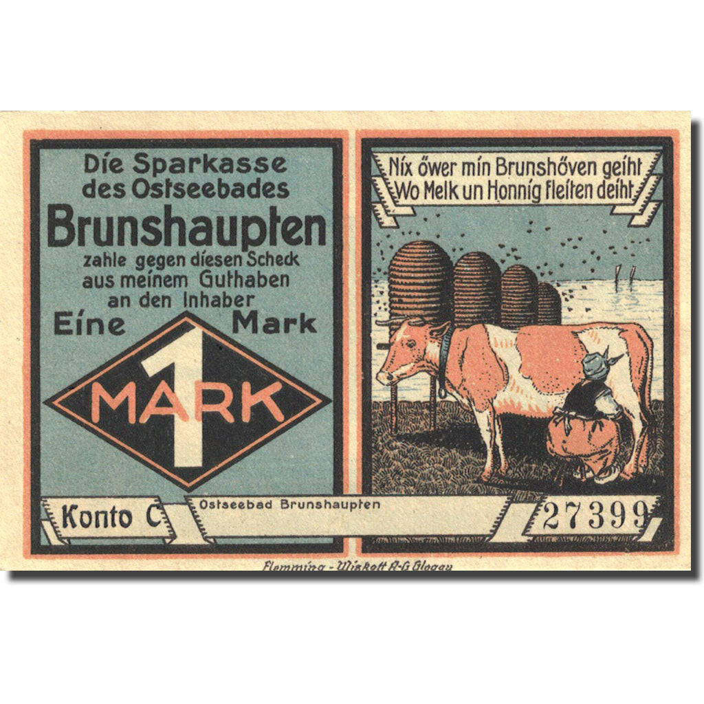 Billet, Allemagne, Brunshaupten, 1 Mark, paysage, 1922, SPL, Mehl:195.2a