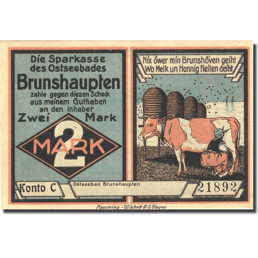 Banknote, Germany, Brunshaupten, 2 Mark, paysage, 1922, UNC(63), Mehl:195.2a