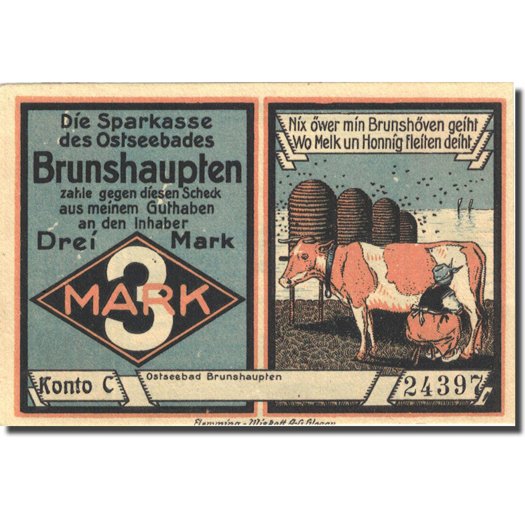 Banknote, Germany, Brunshaupten, 3 Mark, paysage, 1922, UNC(63), Mehl:195.2a