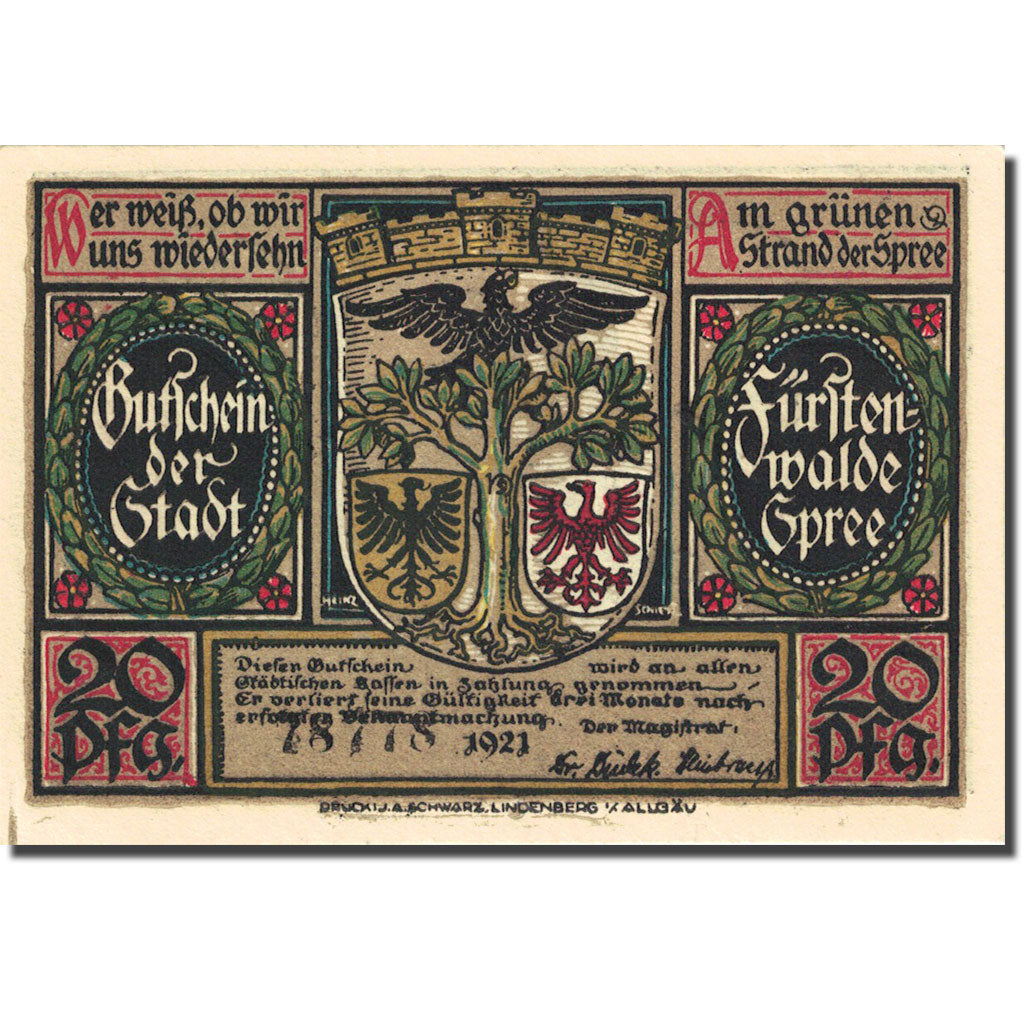 Banknote, Germany, Fürstenwalde, 20 Pfennig, Blason, 1921, UNC(63), Mehl:403.1a