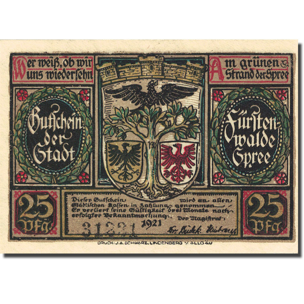 Banknote Germany Fürstenwalde 25 Pfennig Blason 1921 UNC(60-62) Mehl 403.1a