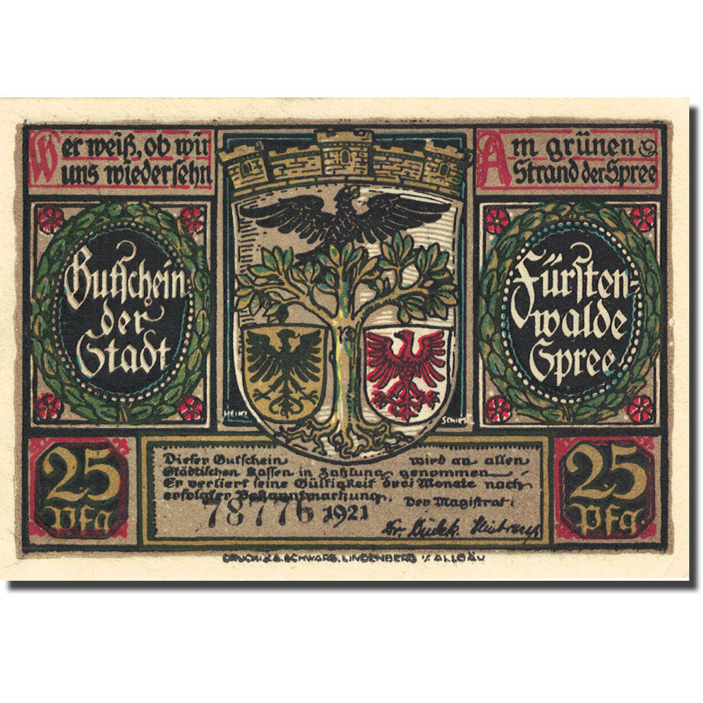 Banknote, Germany, Fürstenwalde, 25 Pfennig, Blason, 1921, UNC(63), Mehl:403.1a