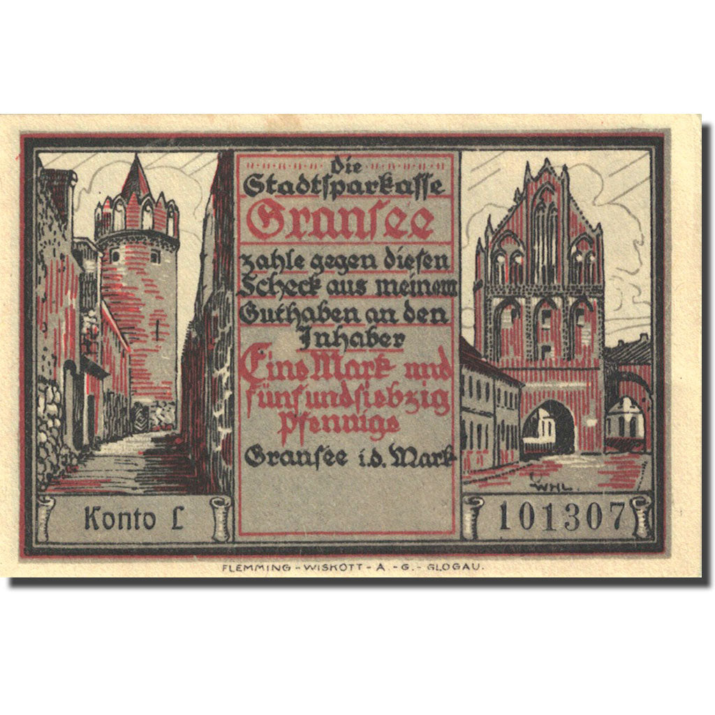 Banknote, Germany, Gransee, 1.75 Mark, château, 1921, AU(55-58), Mehl:465.1b