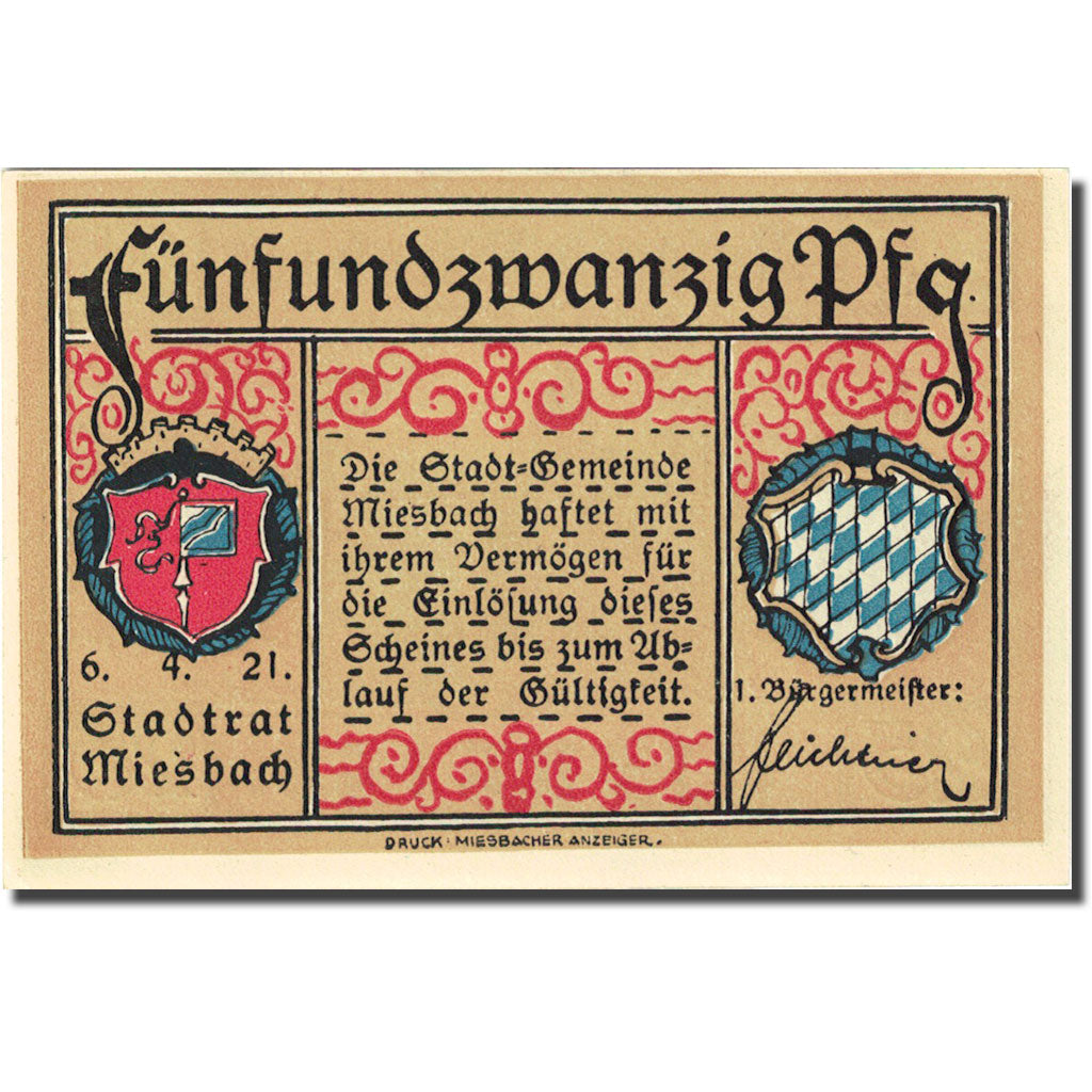 Banknote, Germany, Miesbach, 25 Pfennig, Blason 1921-04-06 UNC(63) Mehl 888.2